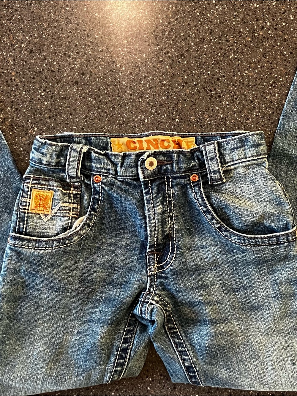 Cinch Kids Blue Boot Cut Denim Jeans with Tan Patch 7 slim